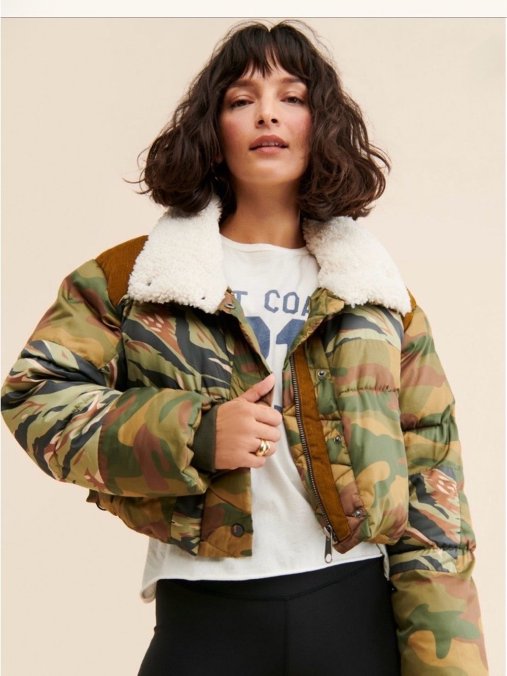 We The Free West Coast Camo Puffer Jacket with Cream Sherpa Collar